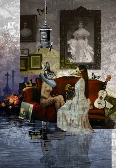 Surrealistische weerspiegeling met masker door Pascal Bouchet-Spiegel