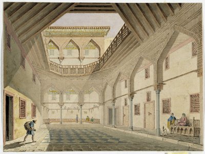 Uitzicht op het interieur van een karavanserai, huis van Azir Osman Agha door Pascal Xavier (after) Coste