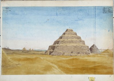 Uitzicht op de piramides van Sakarra, Egypte januari 1819 door Pascal Xavier (after) Coste