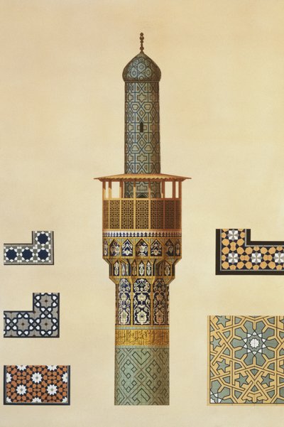 Een minaret en keramische details van de moskee van de Medrese-i-Shah-Hussein, Isfahan, plaat 24-25 uit 