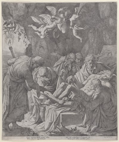 Christus wordt in het graf gelegd terwijl de Maagd erachter staat te huilen door Pasquale Ottino