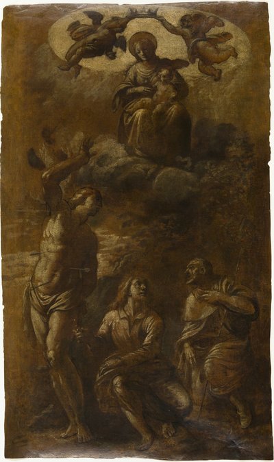 Maagd en kind in glorie met heiligen Sebastian, Johannes de Evangelist en Rochus door Pasquale Ottino