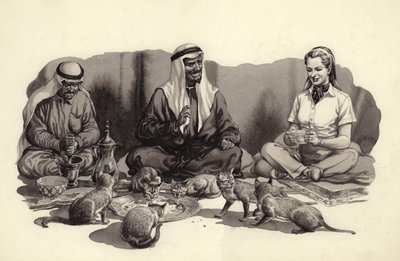 Een Arabische man voert zijn katten (gouache op papier) door Pat (1907-95) Nicolle