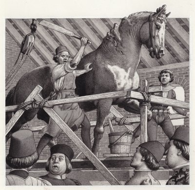 Andrea Verrocchio slaat het hoofd van zijn standbeeld van een paard (gouache op papier) door Pat (1907-95) Nicolle