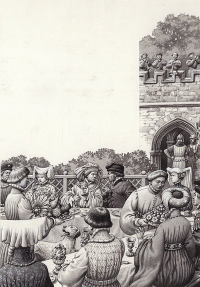 Diner aan het hof van keizer Rupert van Duitsland in de Middeleeuwen (gouache op papier) door Pat (1907-95) Nicolle