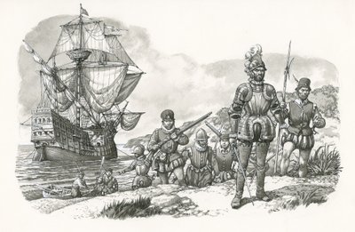 Eerste Europeanen arriveren in Californië (gouache op papier) door Pat (1907-95) Nicolle