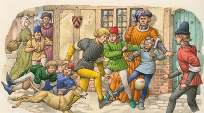 Spel dat lijkt op voetbal in de Middeleeuwen (gouache op papier) door Pat (1907-95) Nicolle
