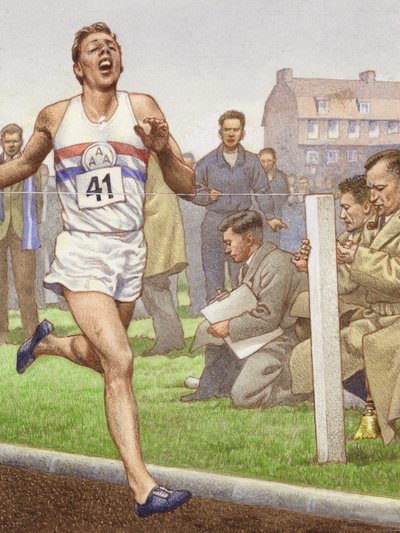 Roger Bannister loopt de eerste mijl van vier minuten (gouache op papier) door Pat (1907-95) Nicolle