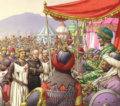 Saladin beveelt de executie van 200 Tempeliers en Hospitaalridders (gouache op papier) door Pat (1907-95) Nicolle