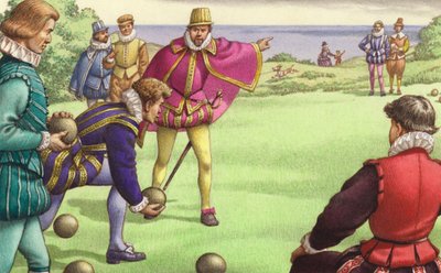Sir Francis Drake speelt bowls voor de aankomst van de Spaanse Armada (gouache op papier) door Pat (1907-95) Nicolle