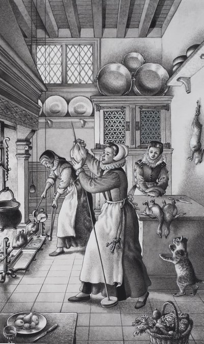 Zestiende-eeuwse keuken (gouache op papier) door Pat (1907-95) Nicolle