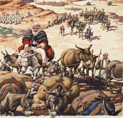 De terugkeer naar Kanaän, uit het verhaal van Jacob (gouache op papier) door Pat (1907-95) Nicolle
