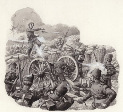 Turken verdedigen hun gehavende aardwerken bij de Grivitza Redoubt (gouache op papier) door Pat (1907-95) Nicolle