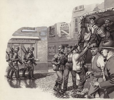 Een Duitse soldaat helpt gevangenen ontsnappen uit een vrachtwagen (gouache op papier) door Pat (1907-95) Nicolle