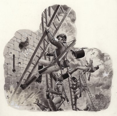 Britse soldaten onder vuur van de Fransen tijdens de aanval op Badajoz (gouache op papier) door Pat (1907 95) Nicolle