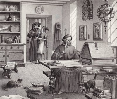 Cosimo Medici zittend in zijn huis in Florence (gouache op papier) door Pat (1907-95) Nicolle
