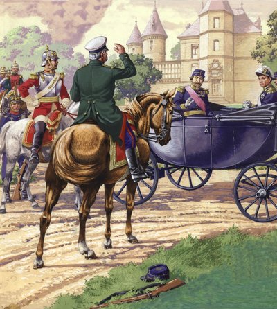 Graaf Bismark nadert de koets van Napoleon III (gouache op papier) door Pat (1907-95) Nicolle
