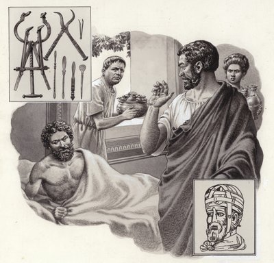 De arts Galen riskeert zijn leven door een Romeinse keizer te vertellen dat hij te veel heeft gegeten (gouache op papier) door Pat (1907-95) Nicolle