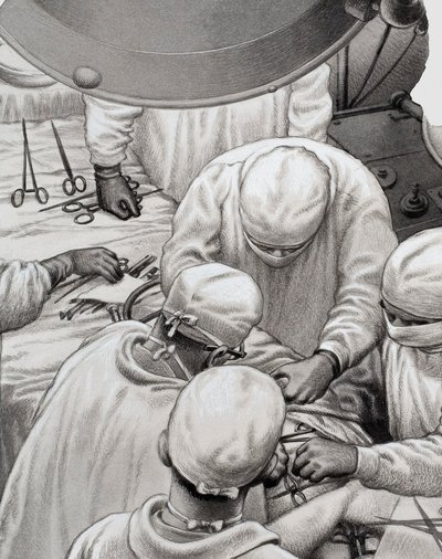 Hartchirurgie, baanbrekend werk van mannen als professor Christiaan Barnard (gouache op papier) door Pat (1907 95) Nicolle
