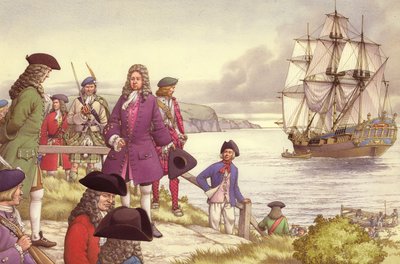 James Edward Stuart, de oude pretendent, vertrekt vanuit Schotland naar Frankrijk (gouache op papier) door Pat (1907-95) Nicolle