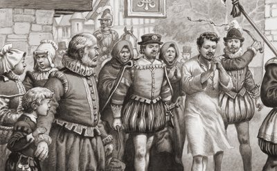 Koning Henri III van Frankrijk doet boete door in een haarhemd door de straten van Parijs te lopen terwijl hij zweepslagen krijgt (gouache op papier) door Pat (1907-95) Nicolle