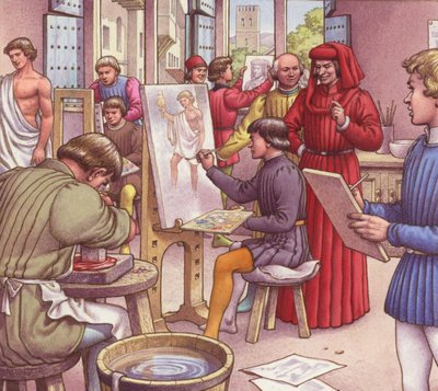 Lorenzo de Medici bezoekt de school voor kunstenaars (gouache op papier) door Pat (1907 95) Nicolle