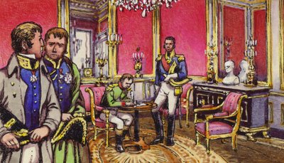 Napoleon tekent de troonsafstand in het paleis van Fontainbleau (gouache op papier) door Pat (1907-95) Nicolle