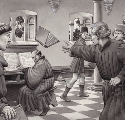 Poggio Bracciolini gooit een boek naar een medegeleerde, Tortelli (gouache op papier) door Pat (1907-95) Nicolle