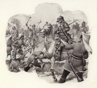 Poolse cavalerie in gevecht met Turkse Janitsarenregimenten bij Wenen in 1683 (gouache op papier) door Pat (1907-95) Nicolle