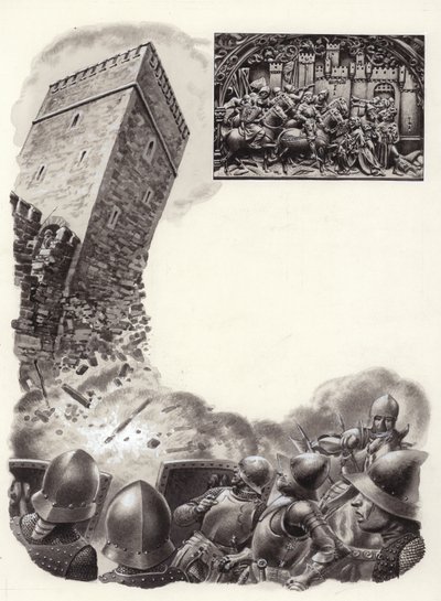 Spaanse soldaten blazen fortificaties op met buskruit (gouache op papier) door Pat (1907-95) Nicolle