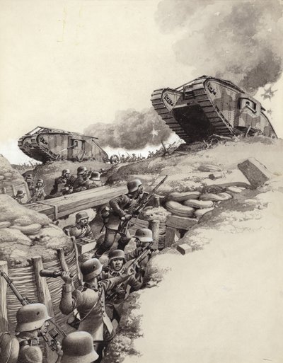 Tanks rollen over Duitse loopgraven tijdens de Grote Oorlog (gouache op papier) door Pat (1907-95) Nicolle