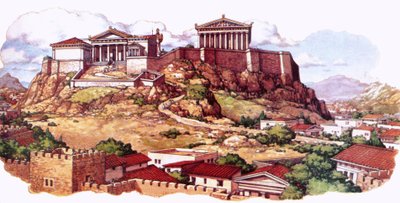 De Akropolis, of oude citadel, van Athene zoals die eruitzag in de 5e eeuw door Pat (1907 95) Nicolle