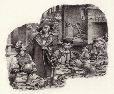 Keizer Maximiliaan in de werkplaats van zijn wapenmaker (gouache op papier) door Pat (1907-95) Nicolle