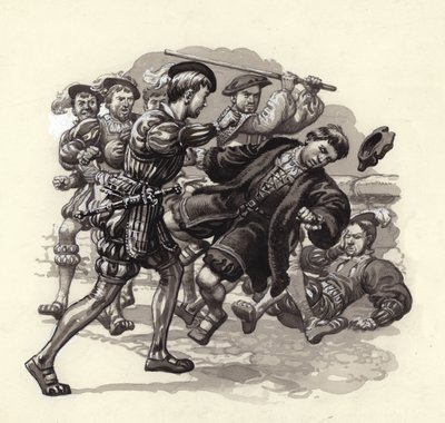 William Herbert valt een onschuldige voorbijganger aan in Bristol (gouache op papier) door Pat (1907 95) Nicolle