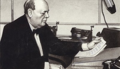 Winston Churchill maakt een van zijn beroemde radio-uitzendingen in oorlogstijd (gouache op papier) door Pat (1907-95) Nicolle