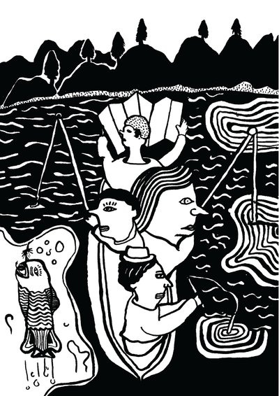 Een vis vangen, 2014 (inkt en penseel) door Pat Macdonald