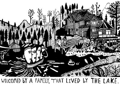 Verwelkomd door een familie, 2014 (inkt en penseel) door Pat Macdonald