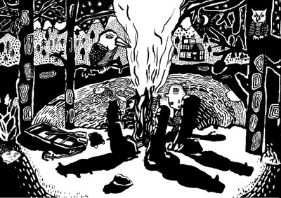 vuur in het bos, 2014 (inkt en penseel) door Pat Macdonald