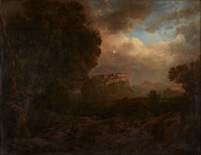 Ver uitzicht op Edinburgh, met reizigers op de voorgrond door Patrick (attr.to) Nasmyth