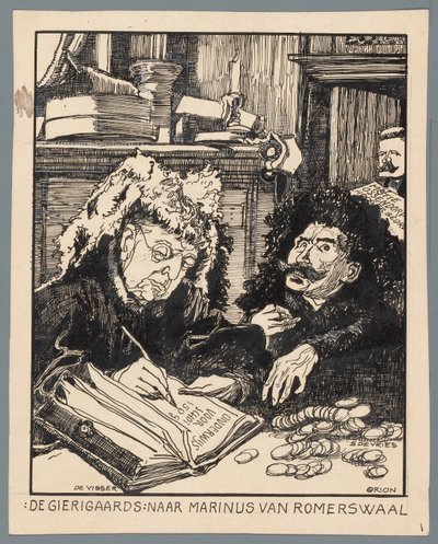 Ministers De Visser en Simon de Vries als de belastingontvangers De Gierigaards: naar Marinus van Romerwaal door Patricq Kroon (signed by artist)