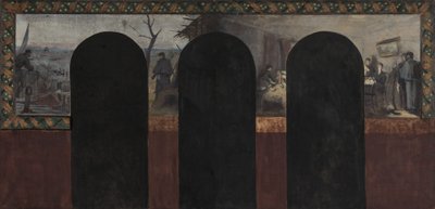 Schets voor het kantoor van de prefect in het stadhuis van Parijs: De aankomst van een postduif - Zorg voor de gewonden door Paul Emile Mangeant