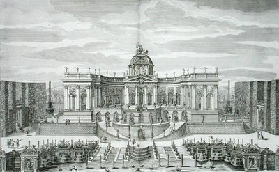 De Grote Grot en de Fonteintuin bij het Prinselijke Lustpaleis en Tuinen, Berlijn, gegraveerd door Johann August Corvinus, gepubliceerd ca. 1711-16 (gravure) door Paul Decker