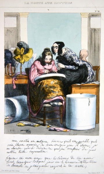 Werker in een hoedenmakerij die een brief schrijft, ca. 1840 door Paul (after) Gavarni