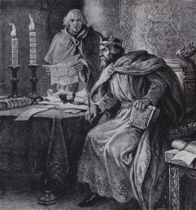 Alfred de Grote, koning van Wessex, en zijn kaarsklokken door Paul (after) Hardy