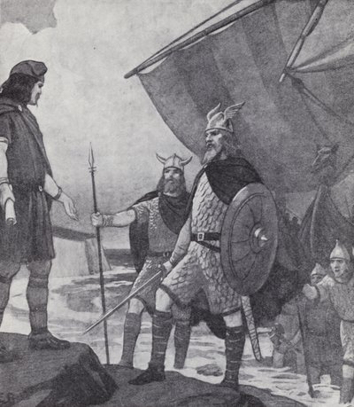 Broers Hengist en Horsa arriveren in Ebbsfleet, Isle of Thanet, Kent, tijdens de invasie door de Angelen, Saksen en Juten in de 5e eeuw (litho) door Paul (after) Hardy