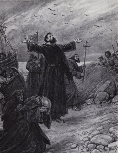 Sint Augustinus arriveert in Kent, AD 597 (litho) door Paul (after) Hardy