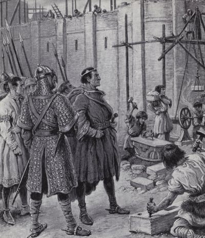 Willem de Veroveraar houdt toezicht op de bouw van de Tower of London (litho) door Paul (after) Hardy