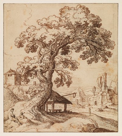 Landschap met ruïnes en figuren door Paul (circle of) Brill or Bril