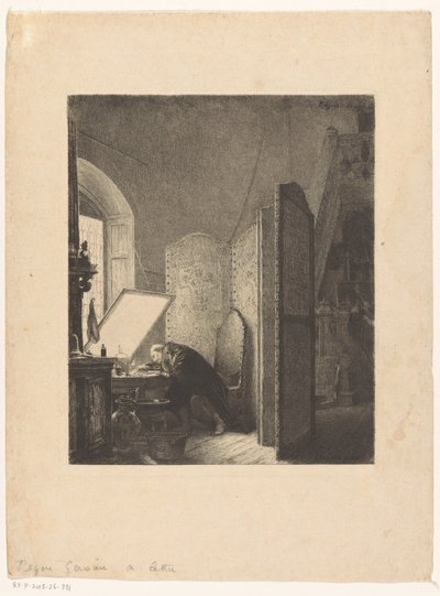 Rembrandt etsend in zijn atelier door Paul Adolphe Rajon