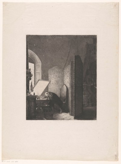 Rembrandt etsend in zijn atelier door Paul Adolphe Rajon